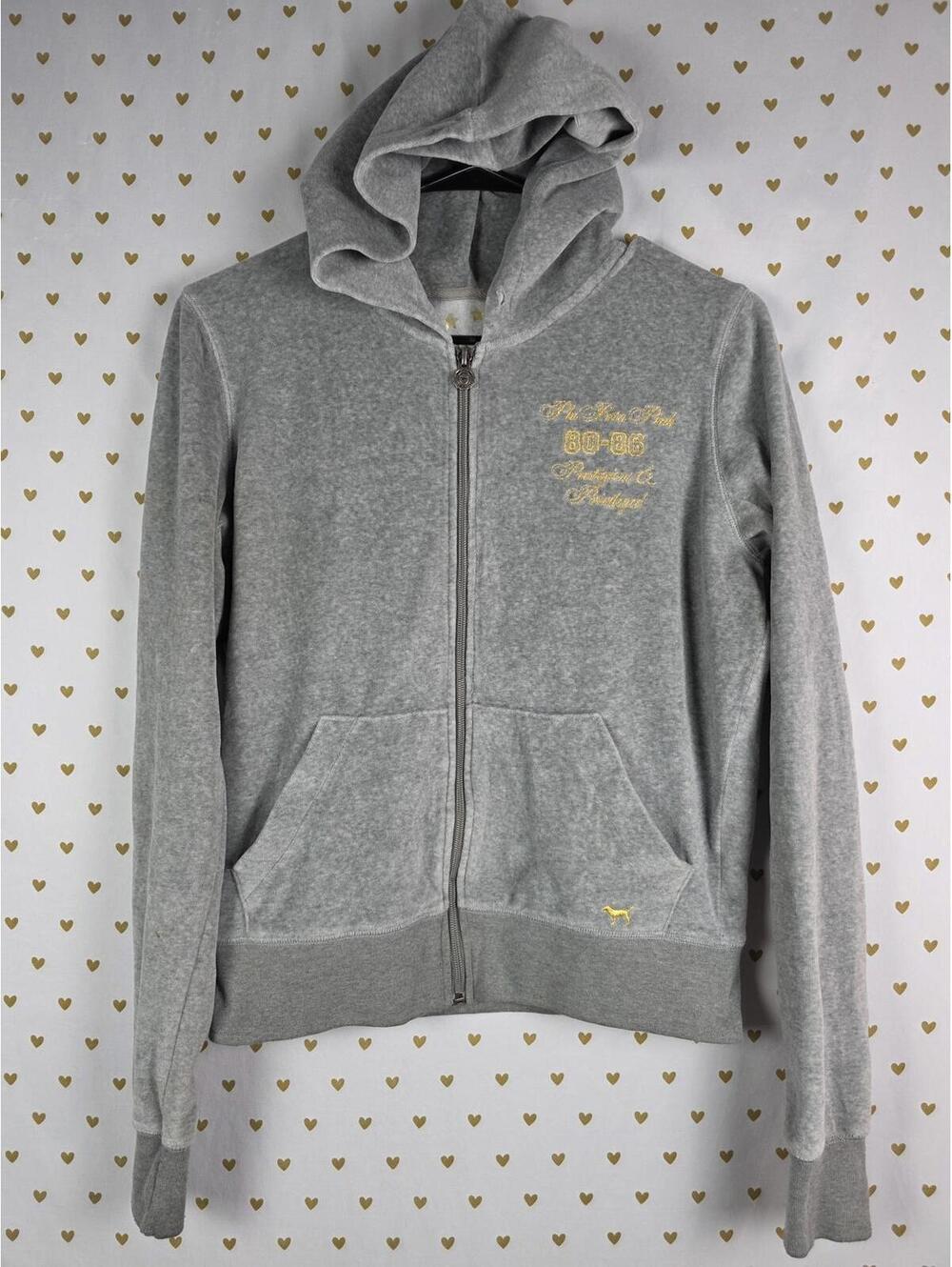 Victorias Secret Pink VINTAGE Grey Velour RARE Hoodie Full zip MEDIUM
